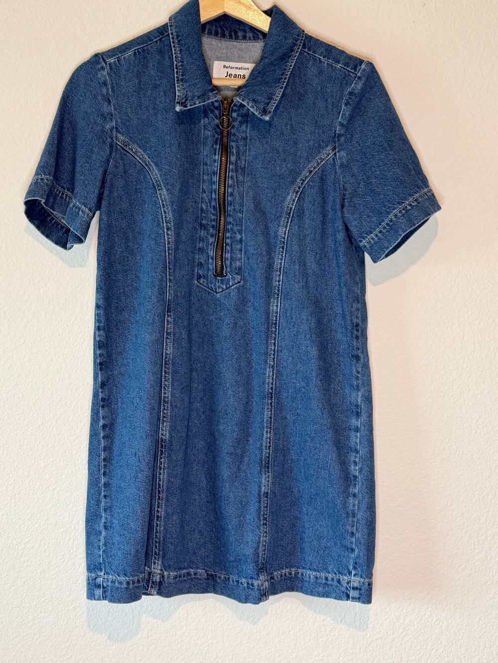 Reformation Jeans Loeb Denim Zip-Front Mini Dress Short Sleeve Blue Shift Sz 4